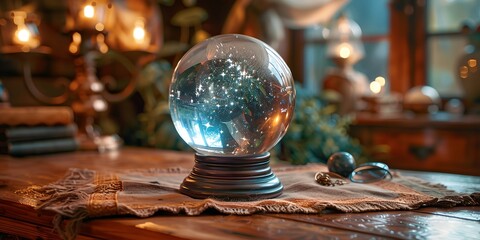Crystal ball on table with esoteric attributes - obrazy, fototapety, plakaty