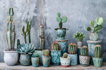 A row of potted cacti and succulents in various sizes and colors. The plants are arranged in a way that creates a sense of depth and interest