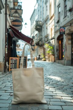 Blank Beige Tote Bag Mockup on Stylized City Street Generative AI