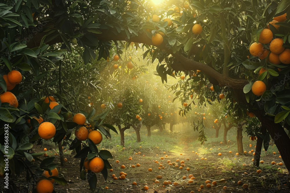Poster a tree full of oranges with a path in between