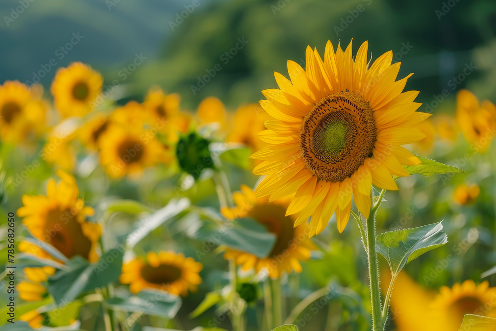 Poster a field of yellow sunflowers with a single yellow flower in the foreground. the sunflowers are all f
