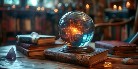 Crystal ball on table with esoteric attributes - obrazy, fototapety, plakaty