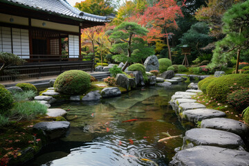 A small pond with rocks and grass surrounding it. The pond is calm and peaceful, with the rocks adding a natural touch to the scene