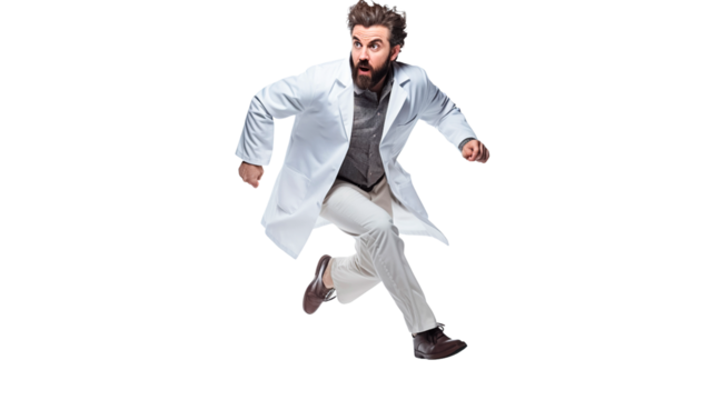Doctor running nervously to save a patient isolated on transparent background.