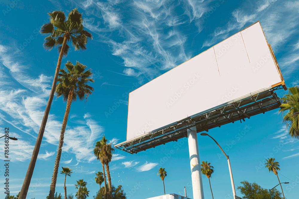 Poster a large billboard is in the middle of a palm tree-lined street. the billboard is white and is the on