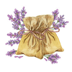 Two sachets with lavender bouquets for home fragrance. Watercolor illustration of aromatherapy canvas bag with herbs and ribbon. Cottagecore sack clipart for beauty, spa, cosmetics, labels, packaging