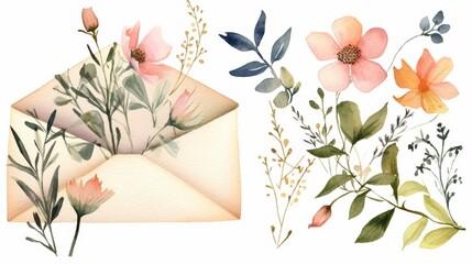 Elegant Watercolor Wildflowers in Envelope Clipart Generative AI