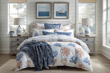 A bed with a blue and white comforter with shells on it. The bed is made and has a lamp on it