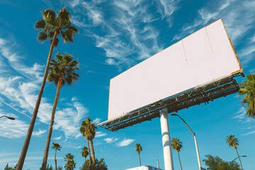 A large billboard is in the middle of a palm tree-lined street. The billboard is white and is the...