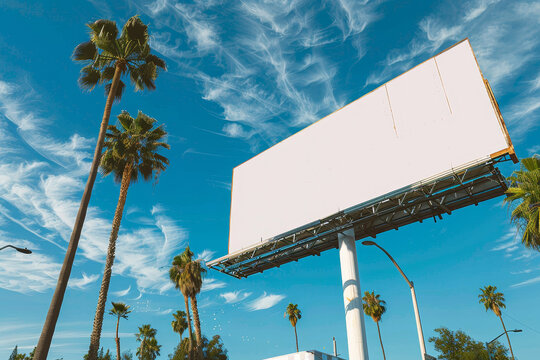 A large billboard is in the middle of a palm tree-lined street. The billboard is white and is the only thing visible in the image. The palm trees are tall and are located on both sides of the street