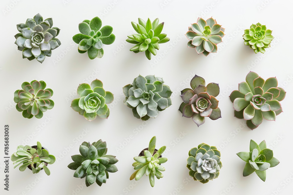 Poster a row of potted plants with different sizes and shapes. the plants are arranged in a line, with some