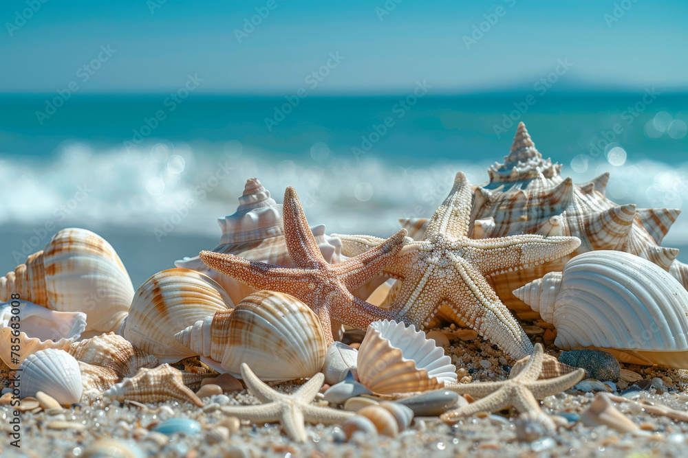 Poster a beach scene with a variety of starfish and shells. the shells are scattered across the sand, and t
