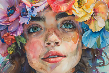 A woman's face is painted with flowers and has a blue eye. The painting is of a woman with a flower crown on her head