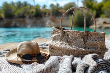 A beach scene with a tan beach towel and a straw bag