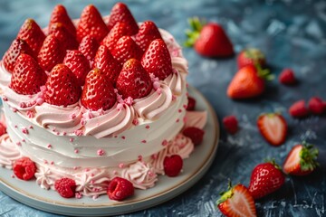 Cake with strawberries and sprinkles on top. The cake is placed on a blue background