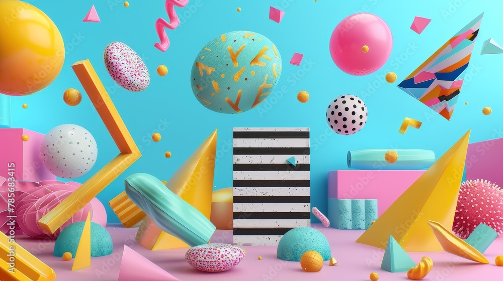 Aufkleber lively and colorful memphis-style flying objects in a 3d render ai generated illustration