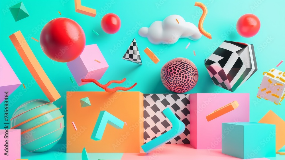 Poster lively and colorful memphis-style flying objects in a 3d render ai generated illustration