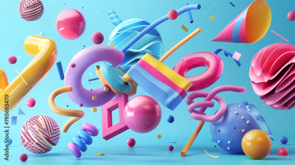 Poster Lively and colorful Memphis-style flying objects in a 3d render   AI generated illustration