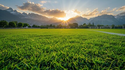 Scenic Sunset View of Alpine Meadow Soccer Field Generative AI - obrazy, fototapety, plakaty