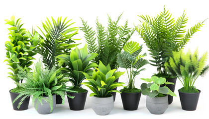 Fototapeta premium Green tropical home plants in pots on white background