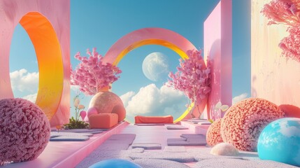 Surreal elements in a 3d rendered scene  AI generated illustration