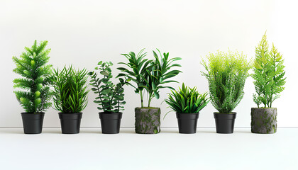 Green tropical home plants in pots on white background