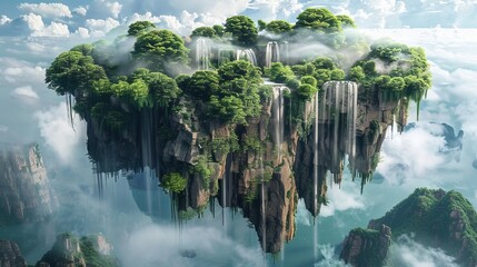 Surreal floating islands with cascading waterfalls and lush vegetation   AI generated illustration