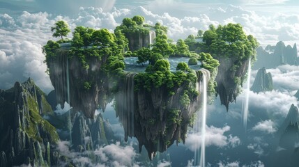 Surreal floating islands with cascading waterfalls and lush vegetation  AI generated illustration
