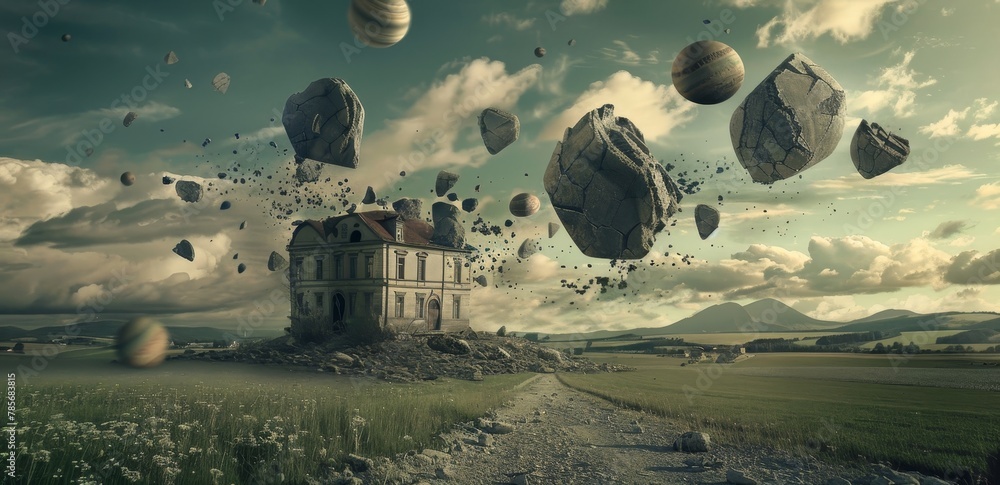 Poster surreal objects floating in a dream-like landscape ai generated illustration
