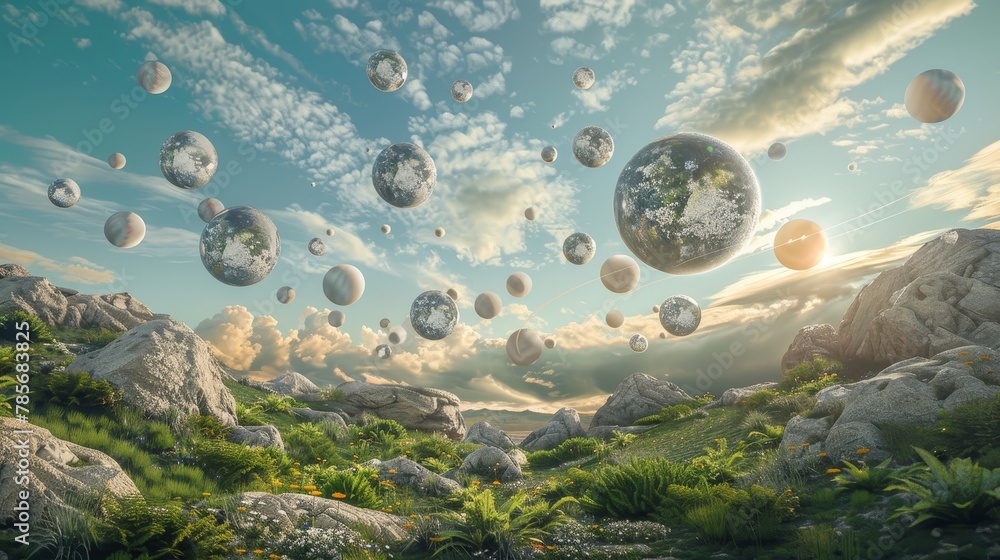 Poster surreal objects floating in a dream-like landscape ai generated illustration