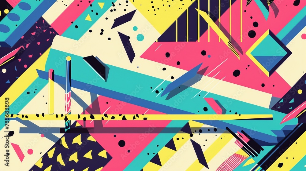 Poster Track spikes and hurdles hovering in an abstract Memphis-style pattern   AI generated illustration