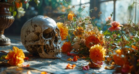 Still life with human skull and flowers
