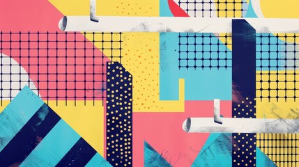 Track spikes and hurdles hovering in an abstract Memphis-style pattern   AI generated illustration