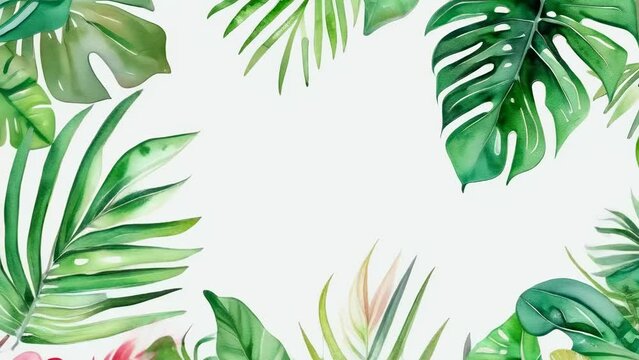 Lush watercolor foliage creating a vibrant frame, with tropical leaves and flowers hinting at an exotic and inviting space within. Cosmetic organic products