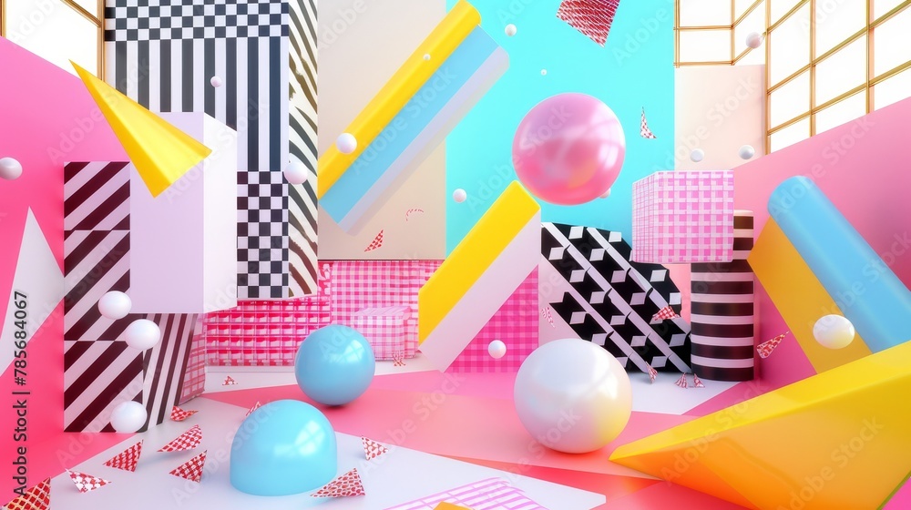 Poster vibrant 3d composition of flying objects in a memphis-style color palette ai generated illustration