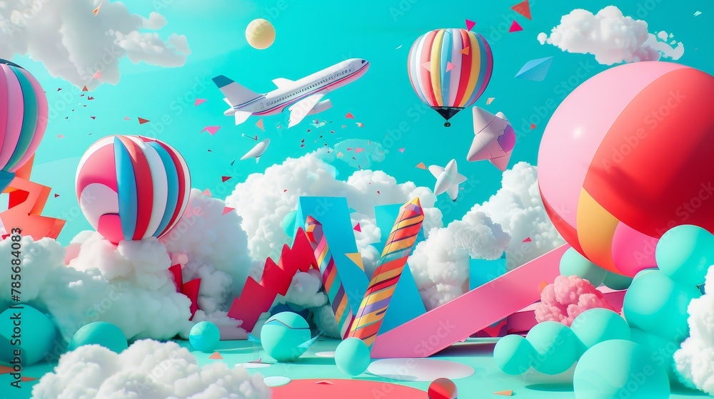 Poster vibrant 3d composition of flying objects in a memphis-style color palette ai generated illustration