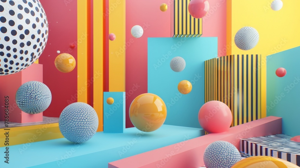 Poster vibrant 3d composition of flying objects in a memphis-style color palette ai generated illustration