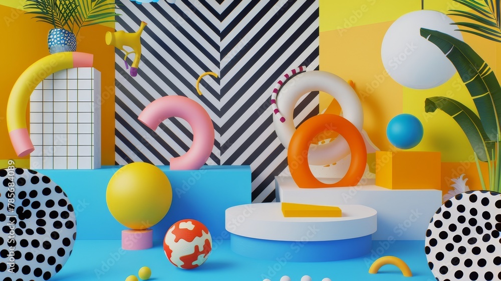 Poster vibrant 3d render of floating objects in a modern memphis style ai generated illustration