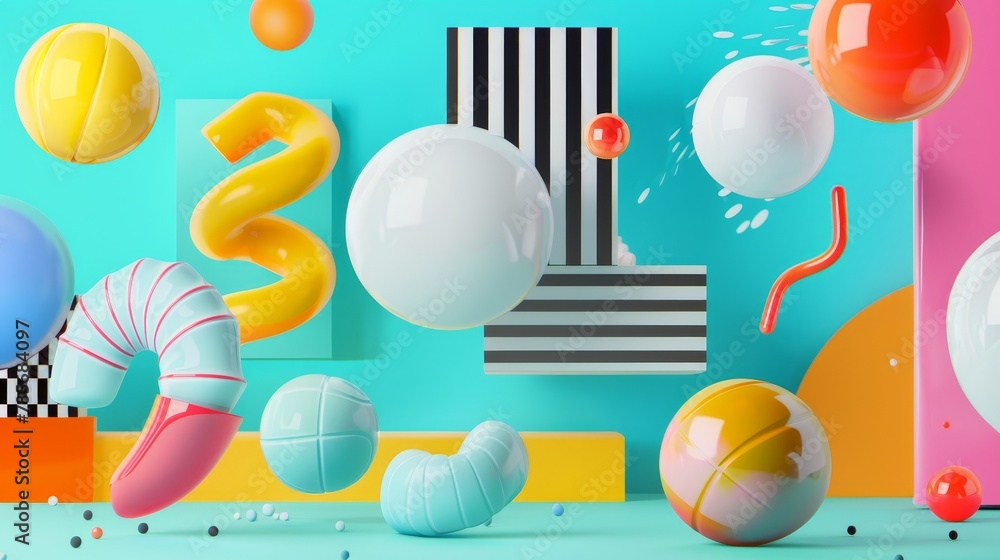 Poster Vibrant 3d render of floating objects in a modern Memphis style   AI generated illustration