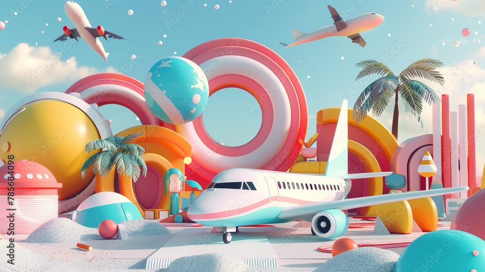 Aufkleber vibrant 3d composition of memphis-style flying objects in a whimsical setting ai generated illustrat