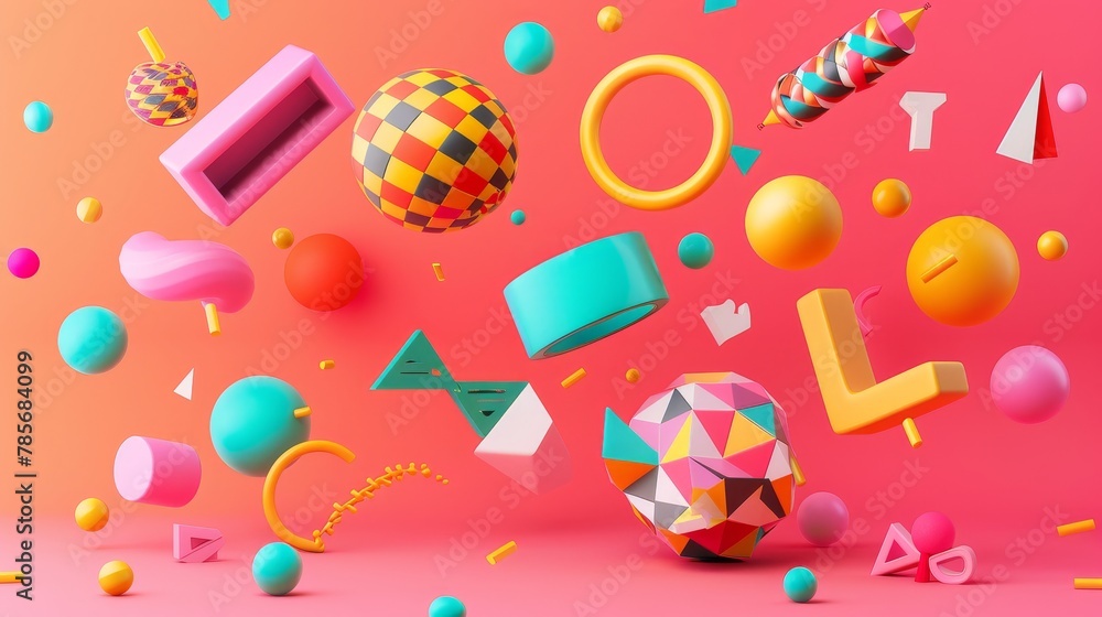 Aufkleber vibrant 3d render of floating objects in a modern memphis style ai generated illustration