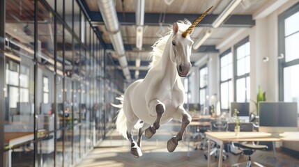 Unicorn flying through a 3d office space   AI generated illustration - obrazy, fototapety, plakaty