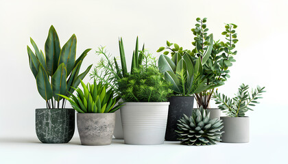 Green tropical home plants in pots on white background - obrazy, fototapety, plakaty