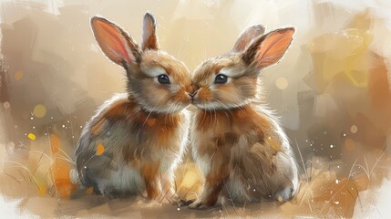 Watercolor Illustration of Two Kissing Bunnies Generative AI