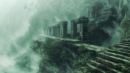 An ancient ruin on a misty mountain, with forgotten temples and overgrown paths. A mysterious fog envelops the scene, creating a sense of mystery and age. Resplendent. - obrazy, fototapety, plakaty