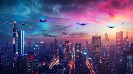 Vibrant cityscape with isolated flying vehicles   AI generated illustration - obrazy, fototapety, plakaty