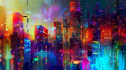 Fototapeta na wymiar Vibrant colors and patterns in a digital cityscape AI generated illustration