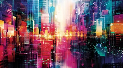 Fototapeta premium Vibrant colors and patterns in a digital cityscape AI generated illustration
