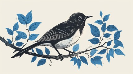 Minimal Linocut Illustration of a Stylized Blue Bird Generative AI