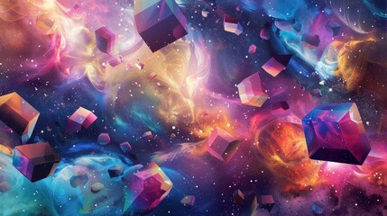 Vibrant geometric shapes floating in a cosmic void of swirling colors  AI generated illustration